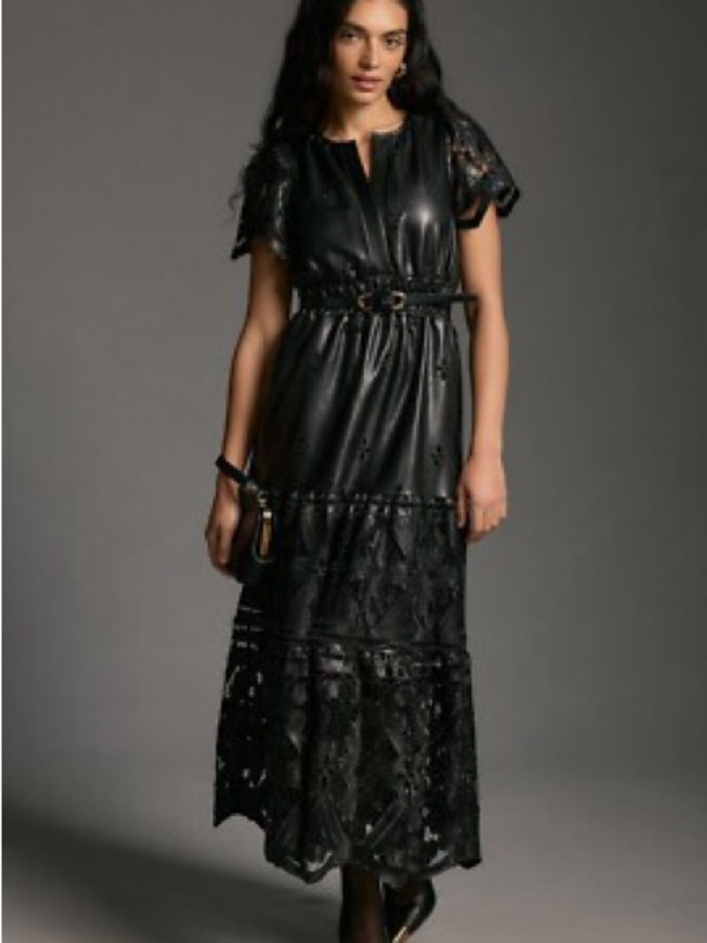 Anthropologie The Somerset Maxi Dress Faux Leather Embroidered Edition XL Petite